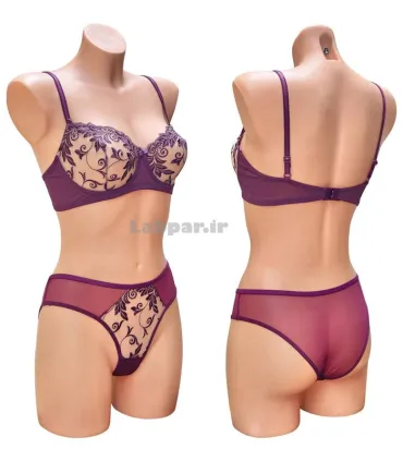 ست شورت و سوتین گیپور Noosheh Poosh نوشه پوش بادمجانی کد 550 فنردار